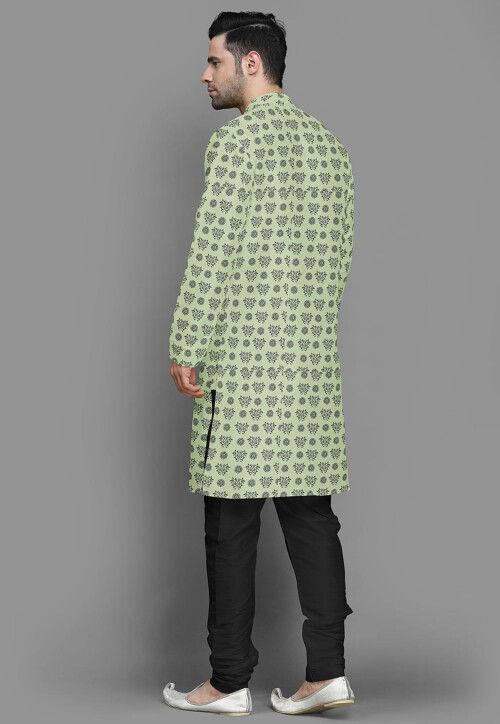 Block Printed Cotton Silk Kurta Set in Light Green