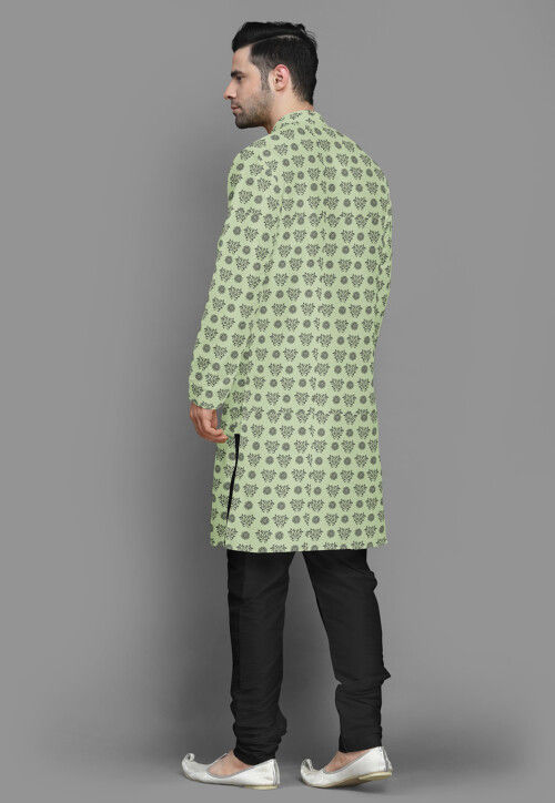 Block Printed Cotton Silk Kurta Set in Light Green