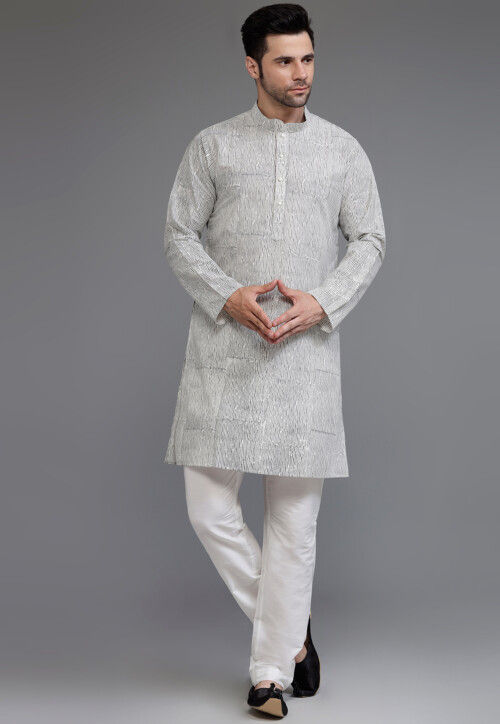 Block Printed Cotton Silk Kurta Set in Off White