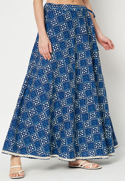 Block Printed Cotton Skirt in Royal Blue