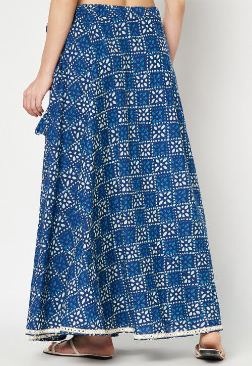 Block Printed Cotton Skirt in Royal Blue