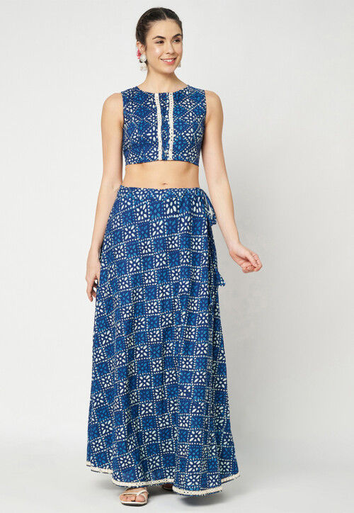 Block Printed Cotton Skirt in Royal Blue