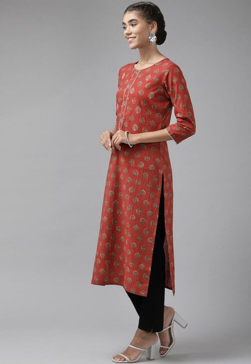 Red - Block Print Cotton Straight Bagh Kurta