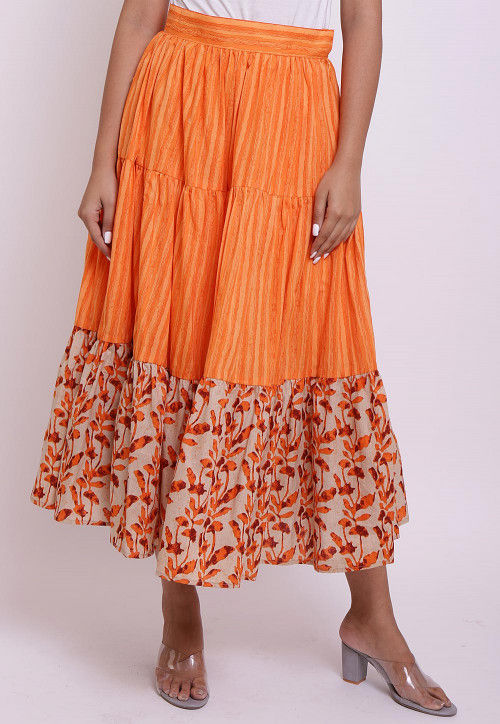 Block Printed Cotton Tiered Skirt in 