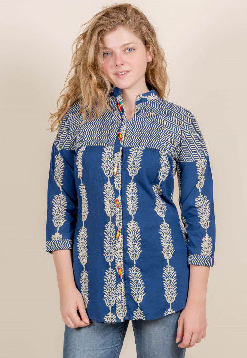 Block Printed Cotton Top in Indigo Blue