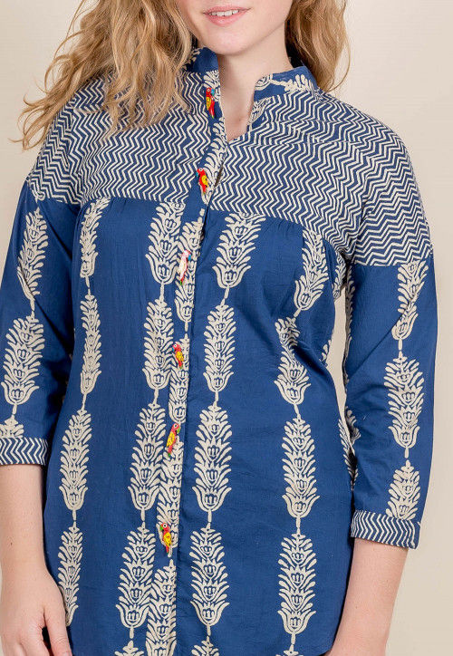 Block Printed Cotton Top in Indigo Blue