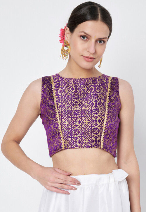 Block Printed Dupion Silk Blouse in Dark Purple