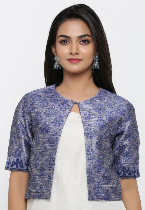 Block Printed Dupion Silk Jacket in Blue