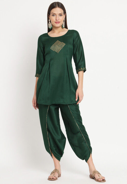 Block Printed Dupion Silk Tunic Set in Dark Green