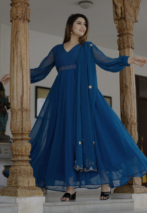 Buy Block Printed Georgette Abaya Style Kameez in Blue Online : KER144 ...
