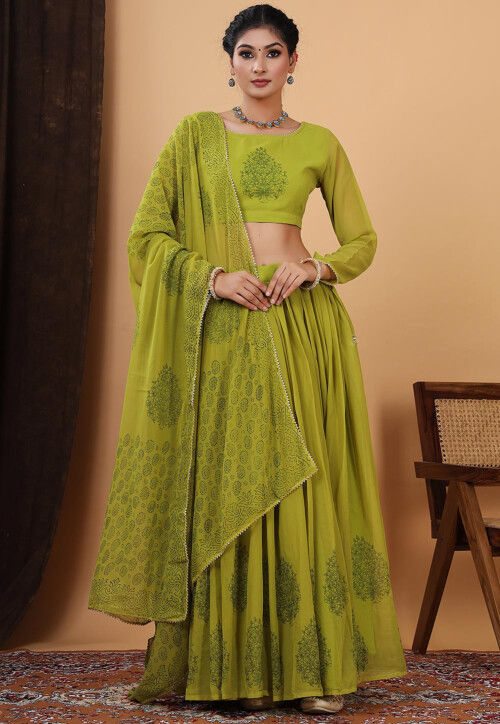 Block Printed Georgette Lehenga in Green