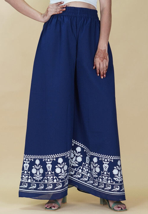 Block Printed Georgette Palazzo in Navy Blue