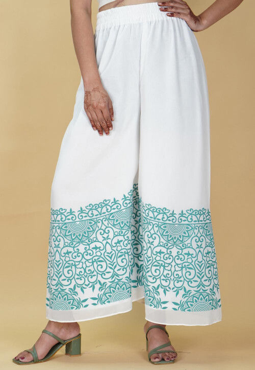 Block Printed Georgette Palazzo in Off White