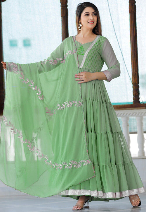 Block Printed Georgette Tiered Abaya Style Kameez in Dusty Blue