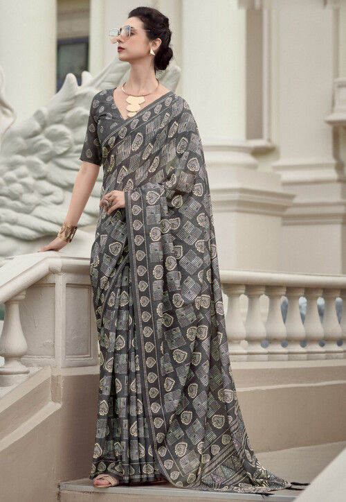 Block Printed Mal Mal Cotton Saree in Grey