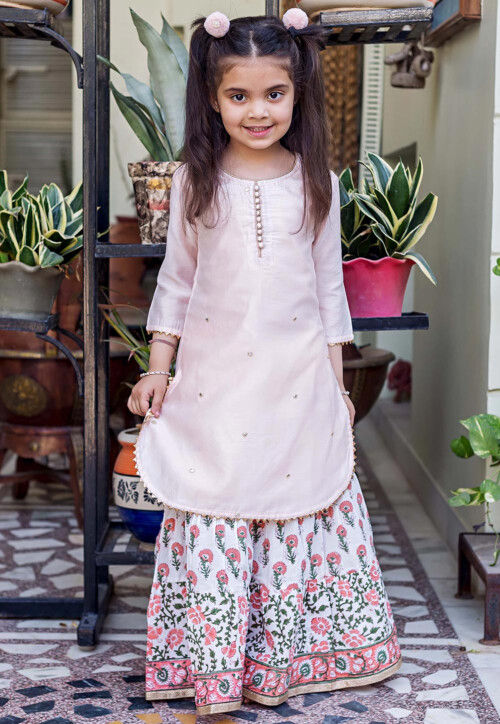 Block Printed Pure Chanderi Silk Straight Kurta Set in Peach