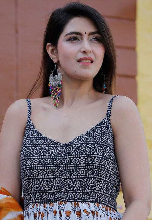 Block Printed Pure Cotton Abaya Style Suit in White and Black