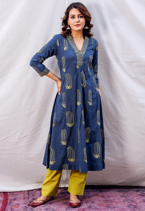 ladies readymade dresses online shopping Readymade Kurtis Online Shopping For Ladies Kurtis Block Printed Pure  Cotton Aline Kurta Set In Dark