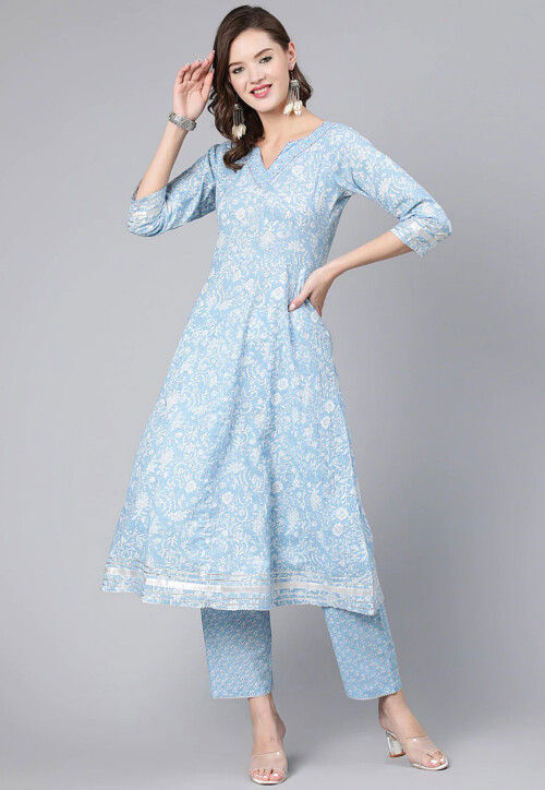 Block Printed Pure Cotton Anarkali Kurta Set in Sky Blue