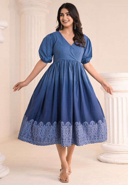 Buy Block Printed Pure Cotton Midi Dress in Teal Blue Online : TME100 ...