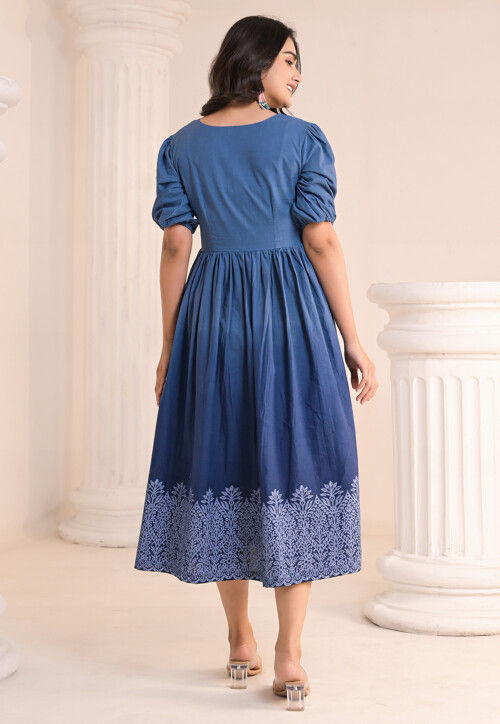 Buy Block Printed Pure Cotton Midi Dress in Teal Blue Online : TME100 ...