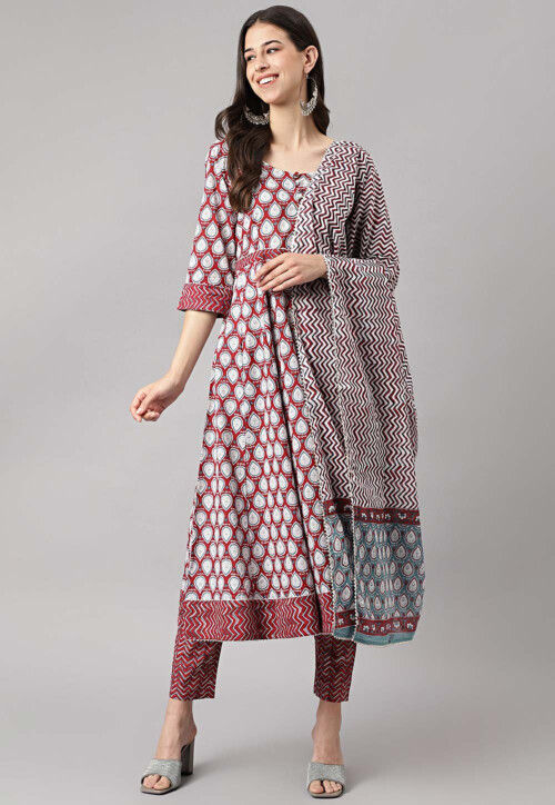 Block Printed Pure Cotton Pakistani Suit in Maroon