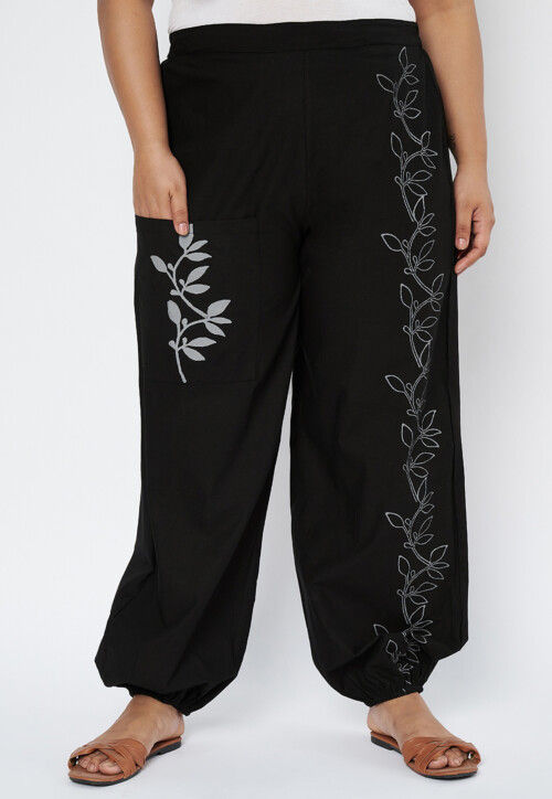 Block Printed Pure Cotton Pant in Black
