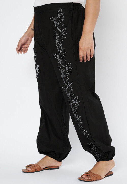 Block Printed Pure Cotton Pant in Black