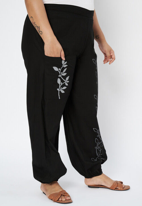Block Printed Pure Cotton Pant in Black