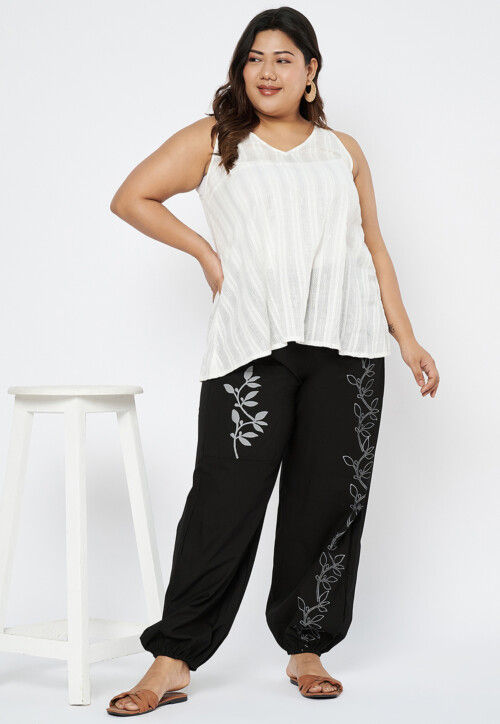 Block Printed Pure Cotton Pant in Black