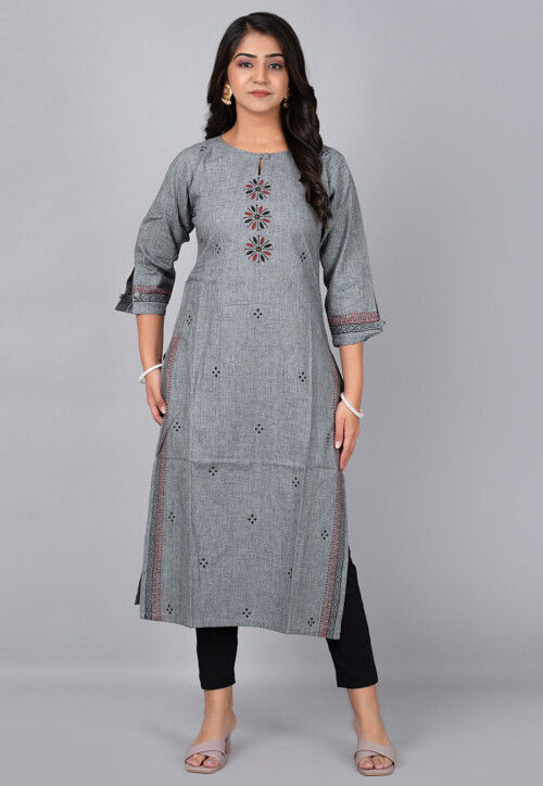 Block Printed Pure Cotton Straight Kurta in Grey