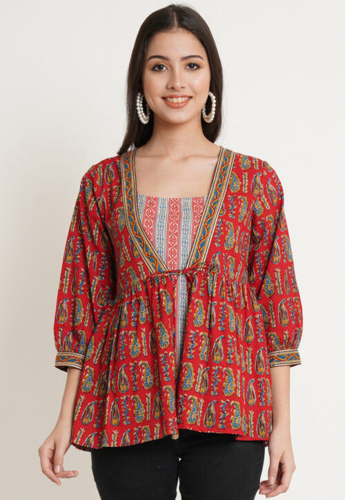 Block Printed Pure Cotton Top in Light Beige and Red