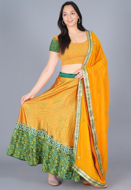 Block Printed Pure Satin Lehenga in Mustard