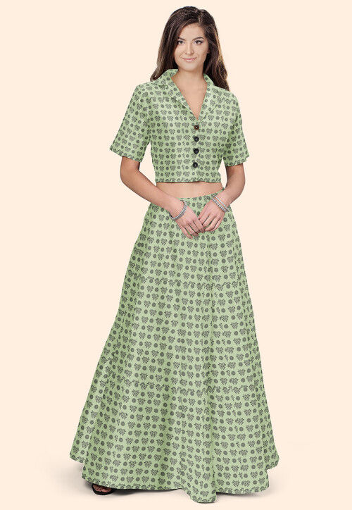 Block Printed Rayon Co Ord Set in Light Green