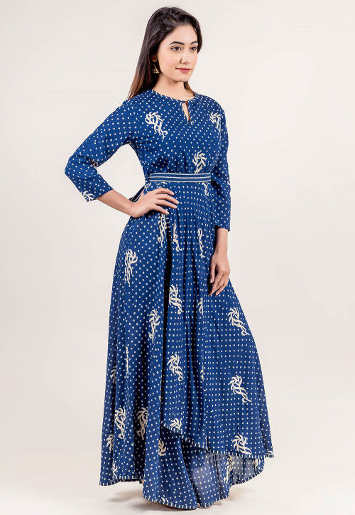 Buy Block Printed Rayon Cotton Dress in Indigo Blue Online : TQM125 ...