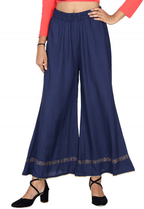 Block Printed Rayon Palazzo in Navy Blue