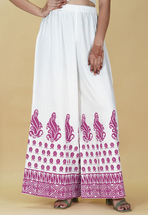 Buy Block Printed Rayon Palazzo in White Online BSY249 Utsav