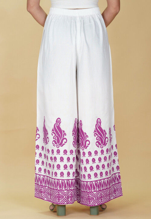 Block Printed Rayon Palazzo in White