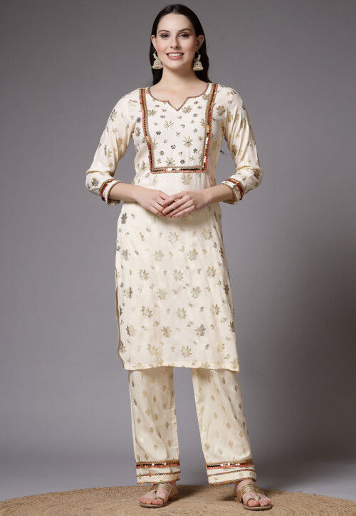 Foil Printed Rayon Straight Kurta Set in Light Beige