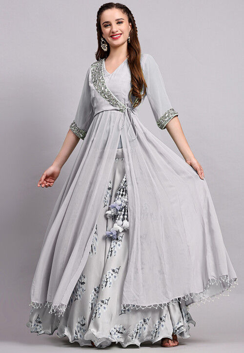 Block Printed Satin Georgette Lehenga in Light Grey