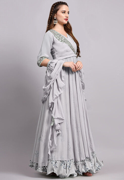 Block Printed Satin Georgette Lehenga in Light Grey