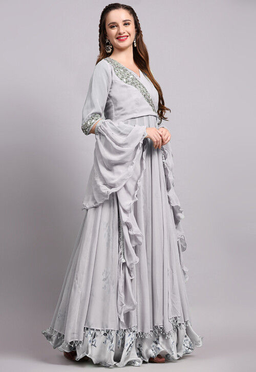 Block Printed Satin Georgette Lehenga in Light Grey