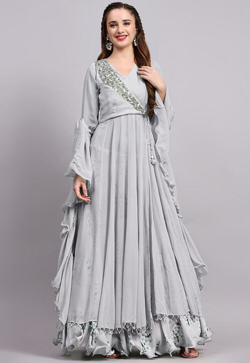 Block Printed Satin Georgette Lehenga in Light Grey