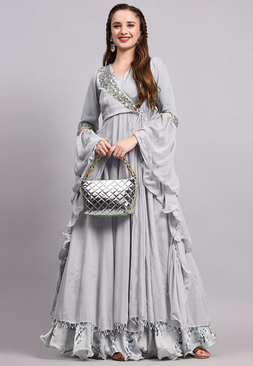 Block Printed Satin Georgette Lehenga in Light Grey