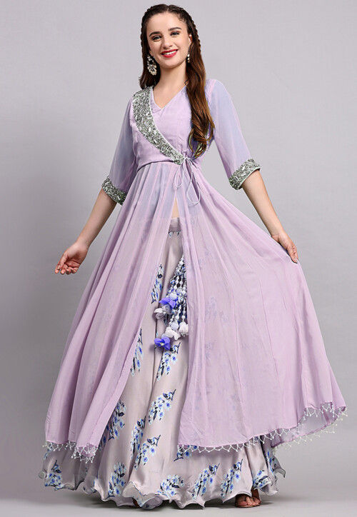 Block Printed Satin Georgette Lehenga in Light Purple