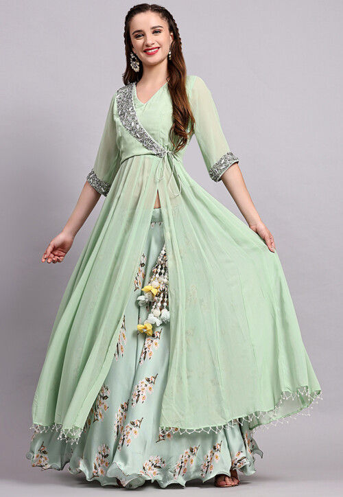 Block Printed Satin Georgette Lehenga in Sea Green