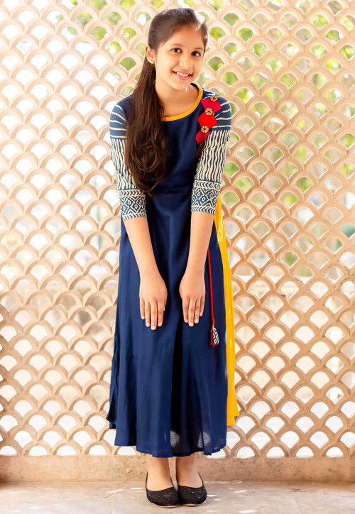 Block Printed Sleeve Rayon Flared Dress in Blue and Mustard
