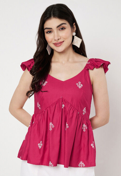 Block Printed Viscose Silk Peplum Top in Fuchsia
