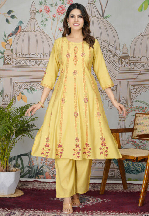 Block Printed Viscose Silk A Line Kurta Set in Yellow