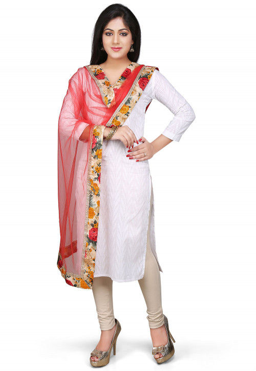 Patch Border Net Dupatta in Red